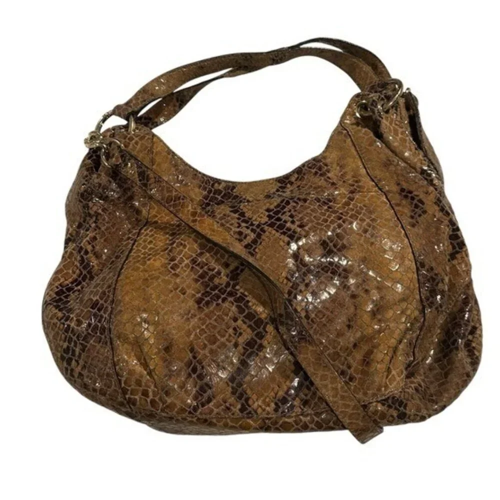 Michael Kors Hobo Purse Handbag Leather Snake Print Brown Y2K Tassle Crossbody